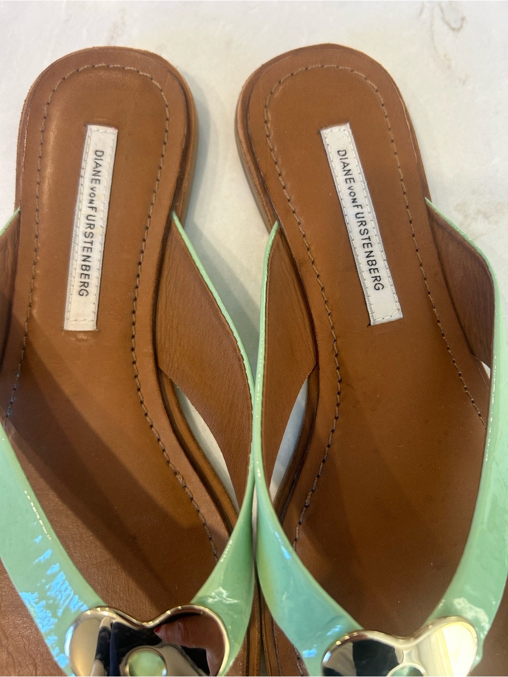 Diane Von Furstenberg Mint Patent Leather Thong Sandals with Heart Accent - Picture 5 of 10